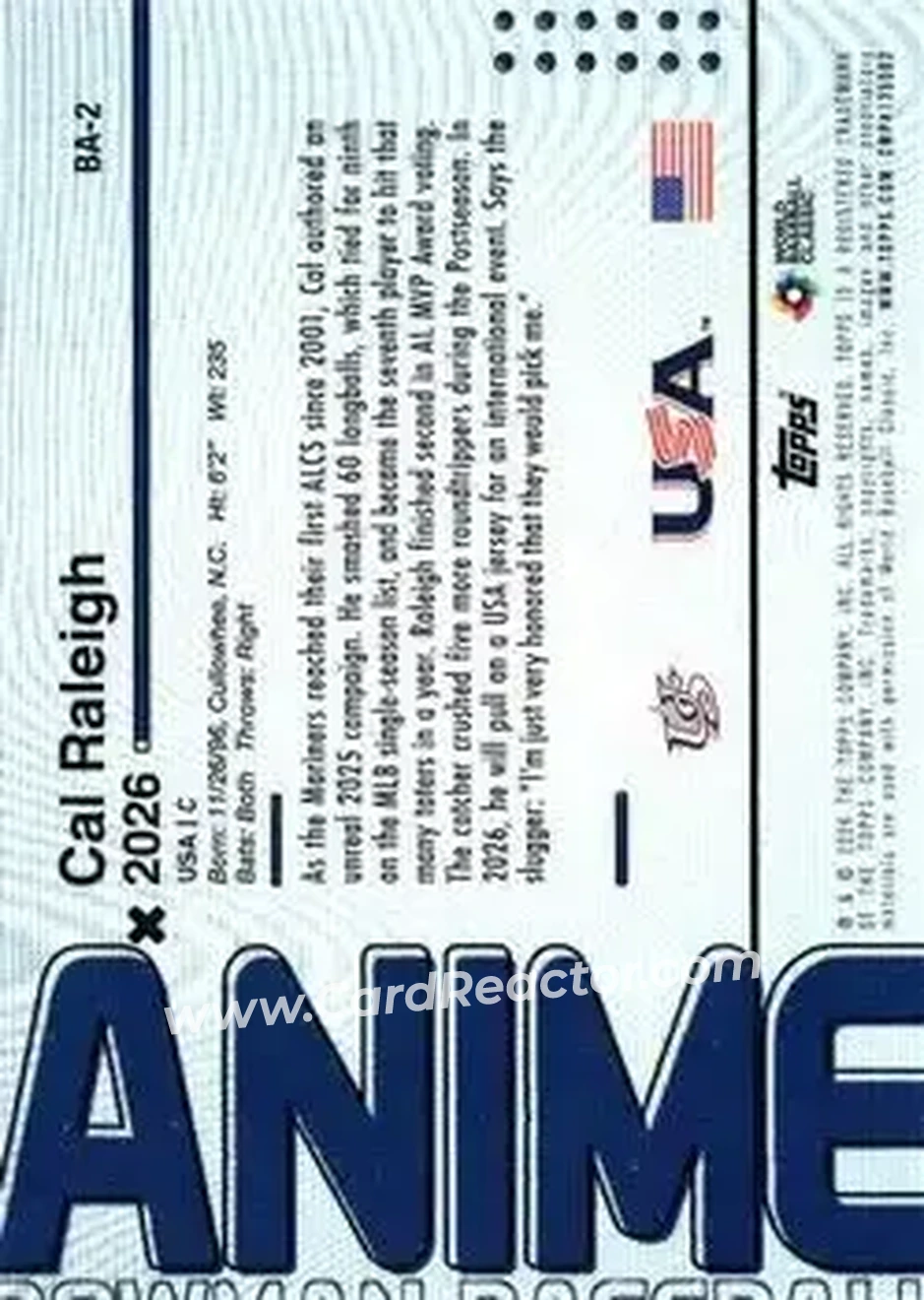 2026 Bowman - Anime #BA-2 - Cal Raleigh - USA - Back 2026 Bowman - Anime #BA-2 - Cal Raleigh - USA - Back