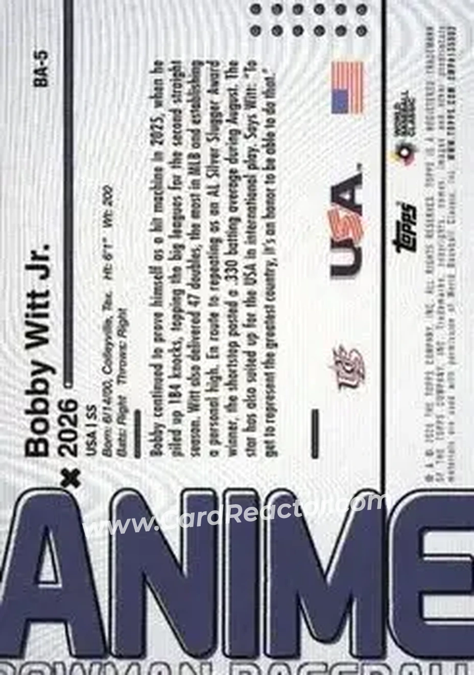 2026 Bowman - Anime #BA-5 - Bobby Witt Jr. - USA - Back