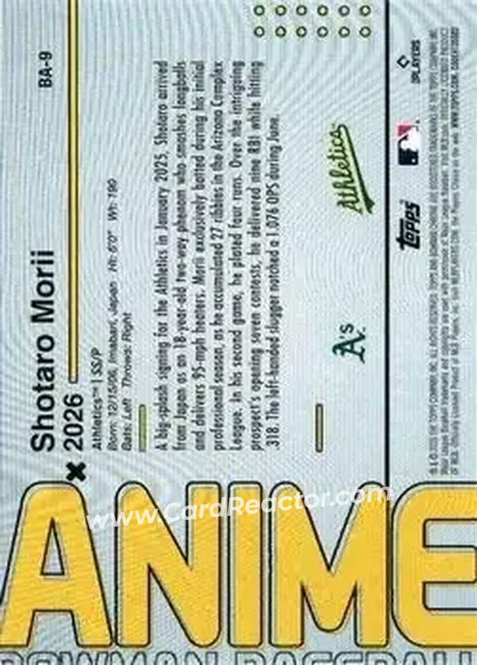 2026 Bowman - Anime #BA-9 - Shotaro Morii - Athletics - Back