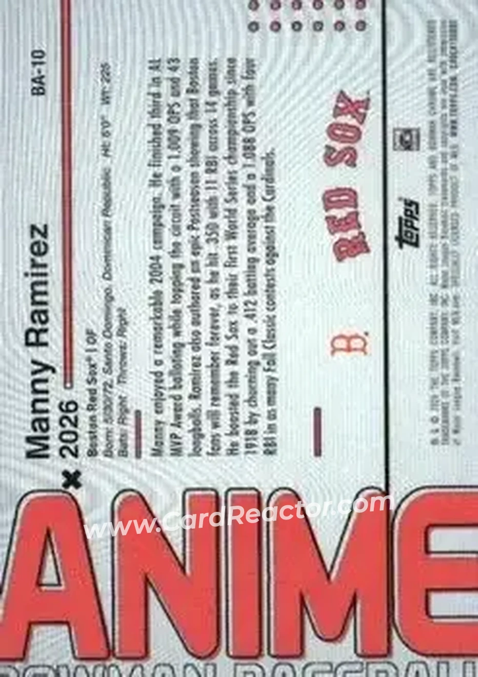 2026 Bowman - Anime #BA-10 - Manny Ramirez - Boston Red Sox - Back