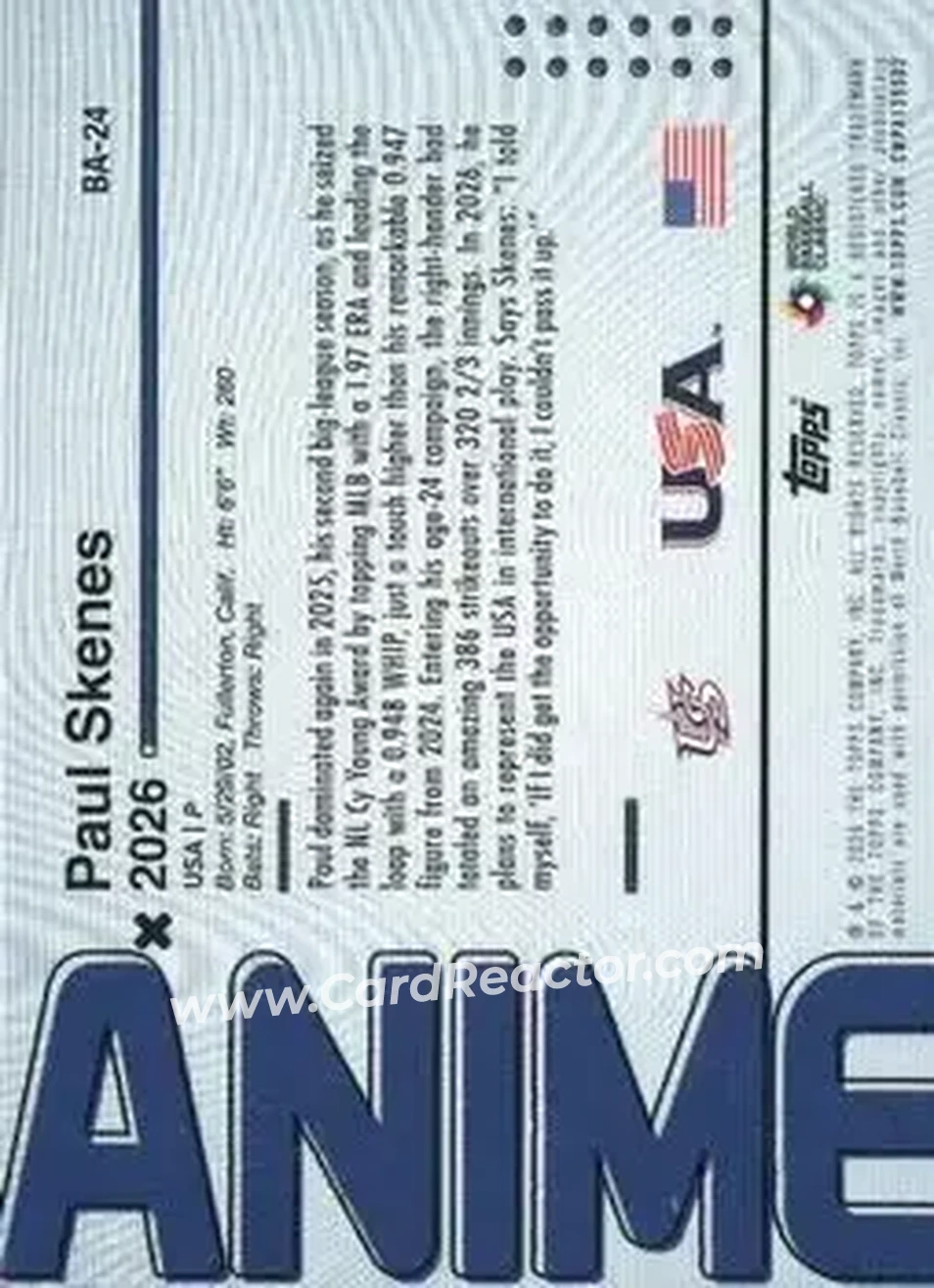 2026 Bowman - Anime #BA-24 - Paul Skenes - USA - Back