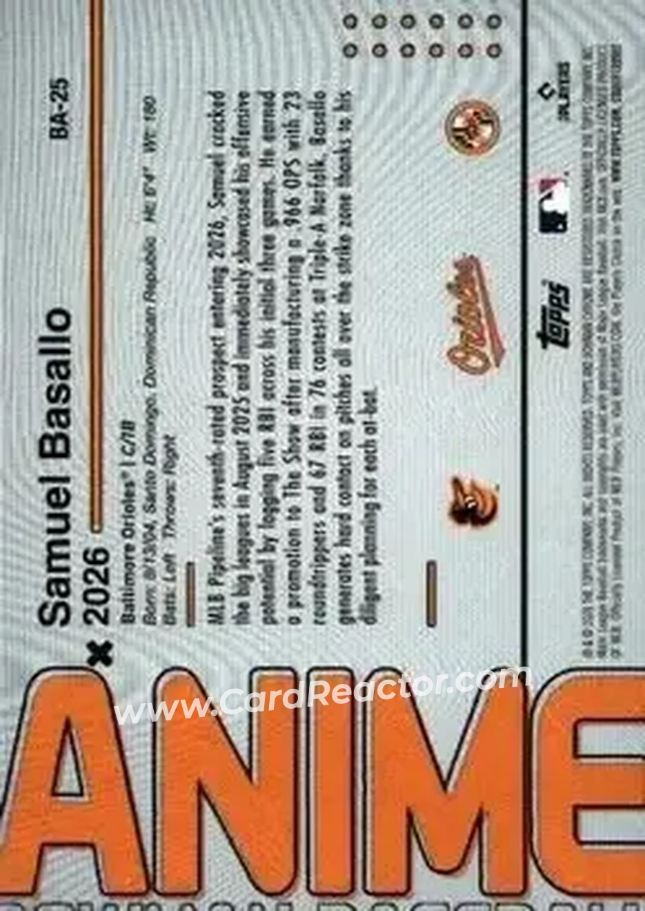 2026 Bowman - Anime #BA-25 - Samuel Basallo - Baltimore Orioles - Back