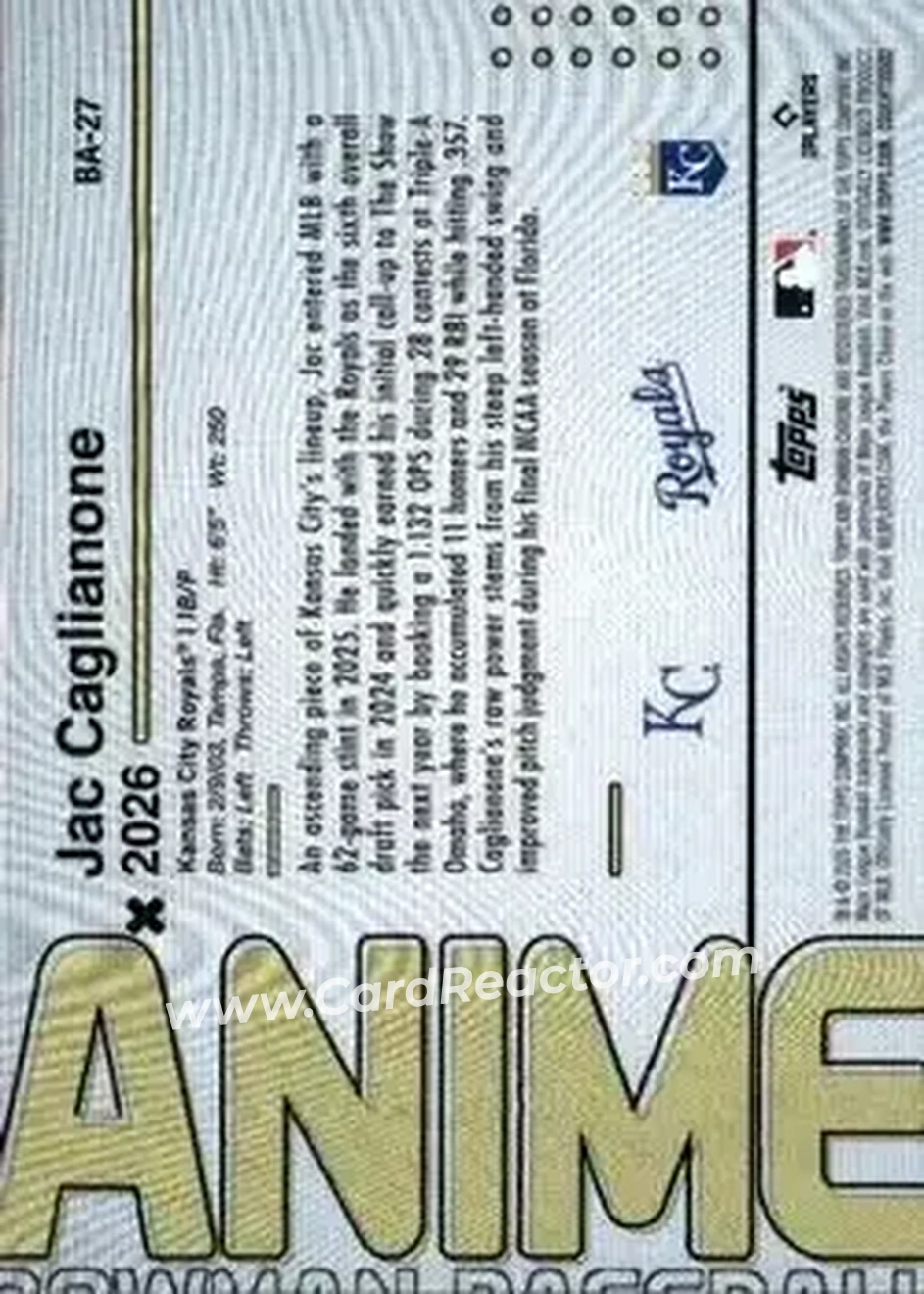 2026 Bowman - Anime #BA-27 - Jac Caglianone - Kansas City Royals - Back