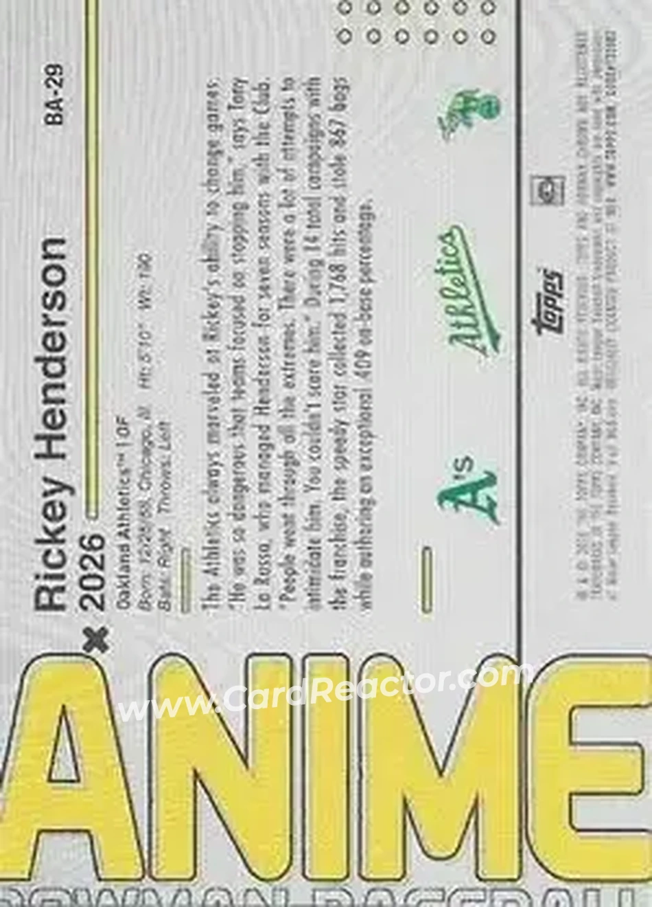 2026 Bowman - Anime #BA-29 - Rickey Henderson - Oakland Athletics - Back