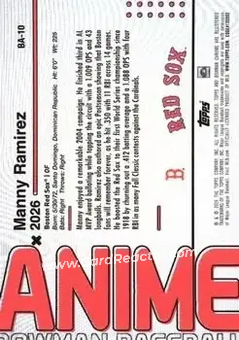 2026 Bowman - Anime Black Refractors #BA-10 - Manny Ramirez - Boston Red Sox - Back