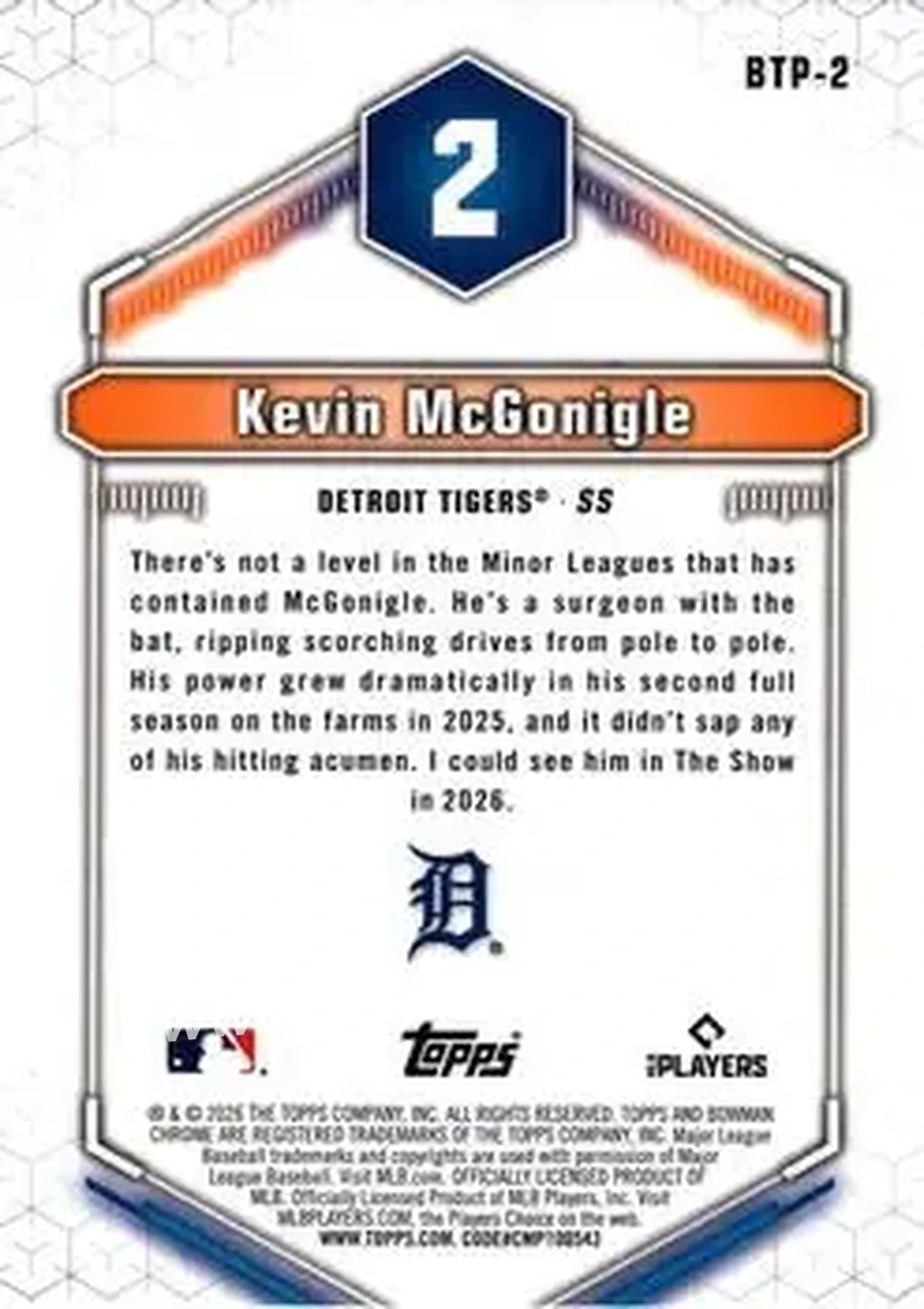 2026 Bowman - Bowman Scouts' Top 100 #BTP-2 - Kevin McGonigle - Detroit Tigers - Back