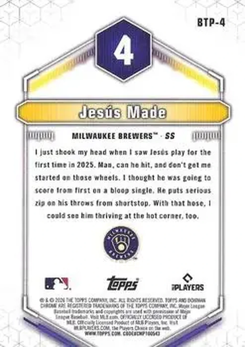 2026 Bowman - Bowman Scouts' Top 100 #BTP-4 - Jesus Made - Milwaukee Brewers - Back