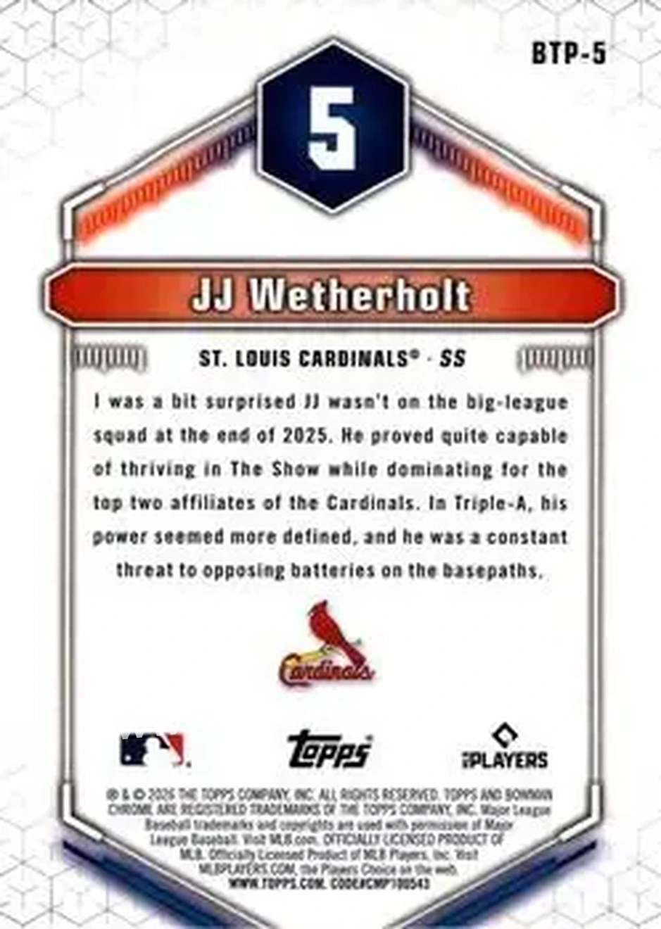 2026 Bowman - Bowman Scouts' Top 100 #BTP-5 - JJ Wetherholt - St. Louis Cardinals - Back