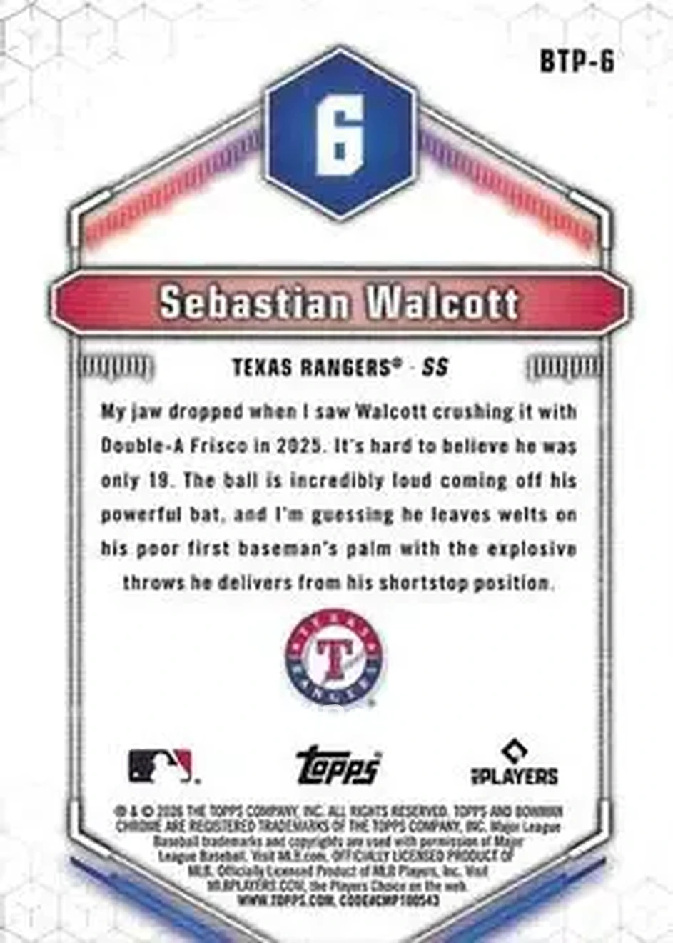 2026 Bowman - Bowman Scouts' Top 100 #BTP-6 - Sebastian Walcott - Texas Rangers - Back
