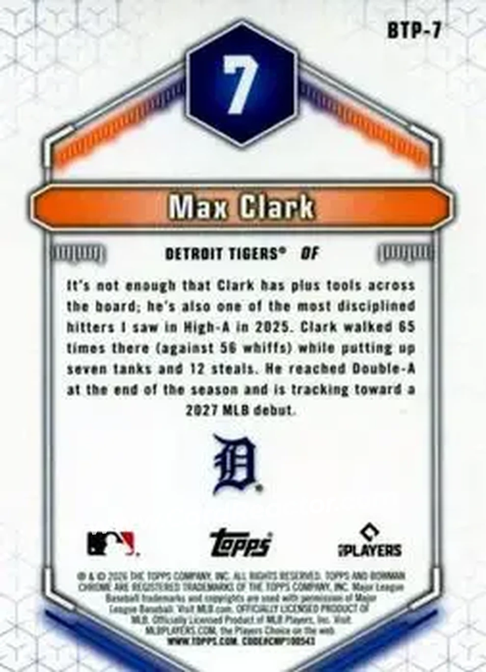 2026 Bowman - Bowman Scouts' Top 100 #BTP-7 - Max Clark - Detroit Tigers - Back