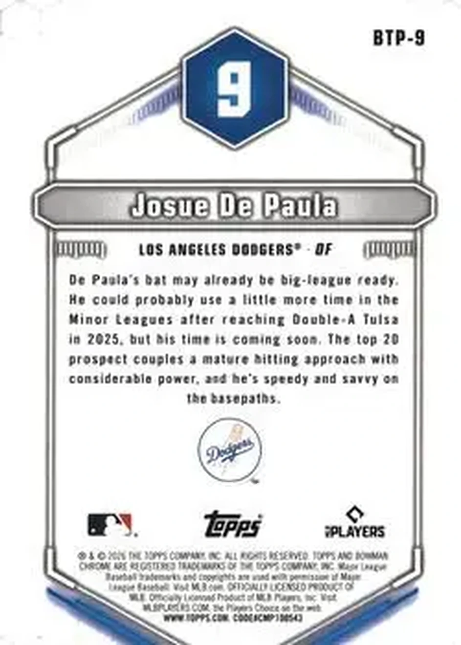 2026 Bowman - Bowman Scouts' Top 100 #BTP-9 - Josue De Paula - Los Angeles Dodgers - Back