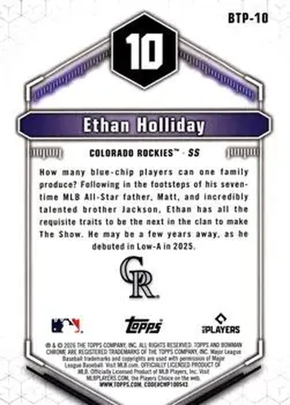 2026 Bowman - Bowman Scouts' Top 100 #BTP-10 - Ethan Holliday - Colorado Rockies - Back
