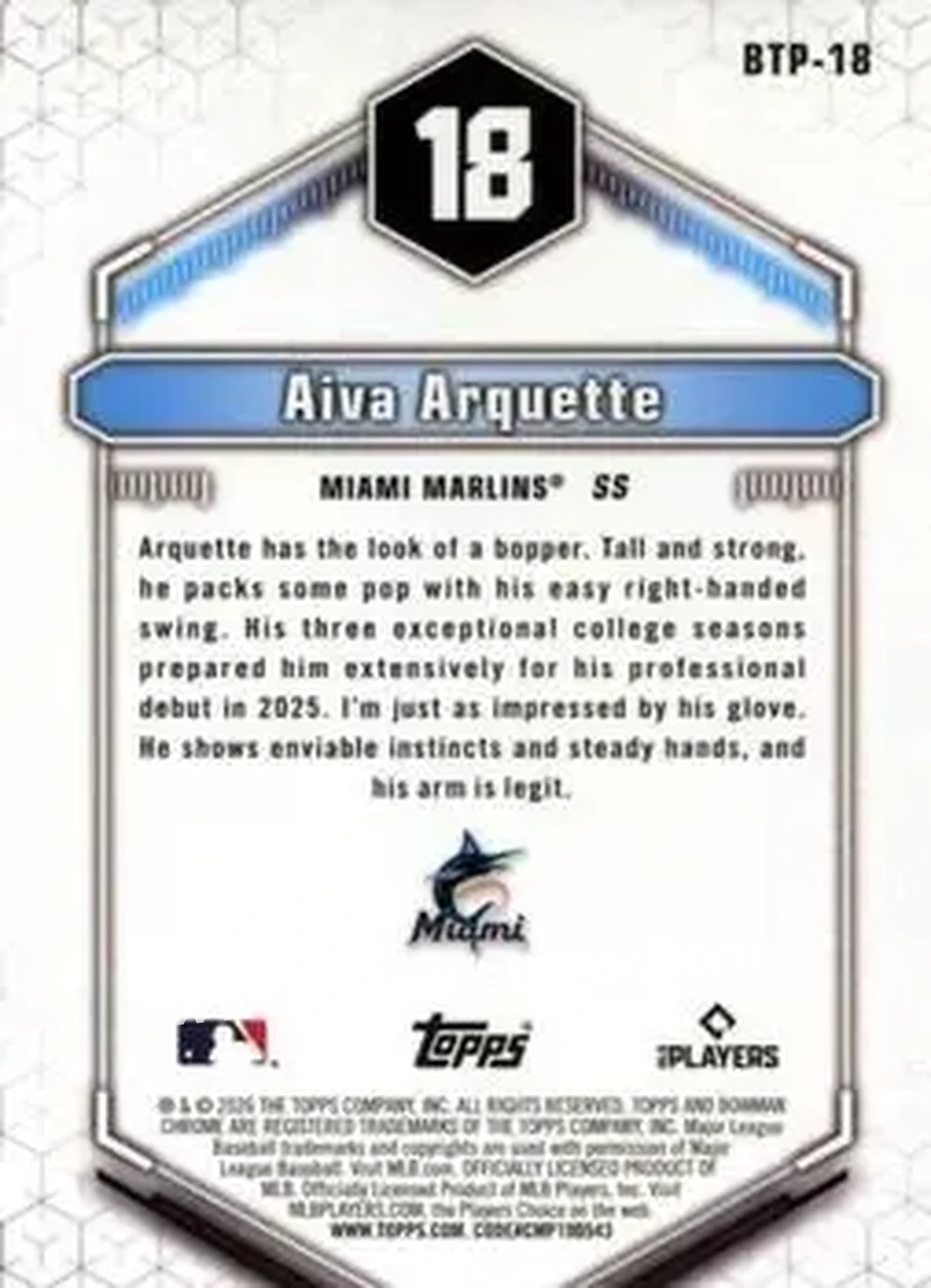2026 Bowman - Bowman Scouts' Top 100 #BTP-18 - Aiva Arquette - Miami Marlins - Back