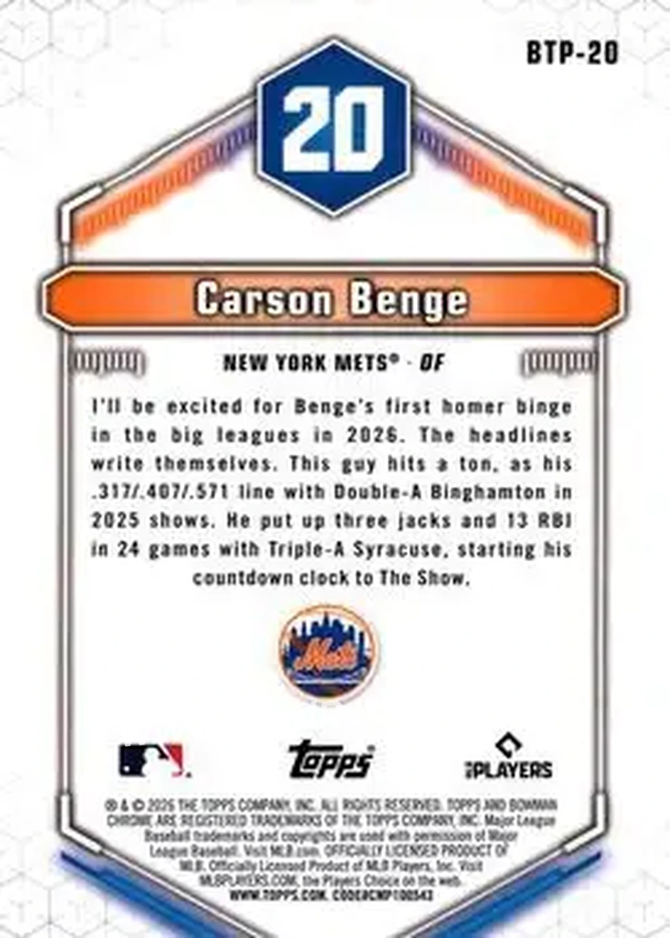 2026 Bowman - Bowman Scouts' Top 100 #BTP-20 - Carson Benge - New York Mets - Back