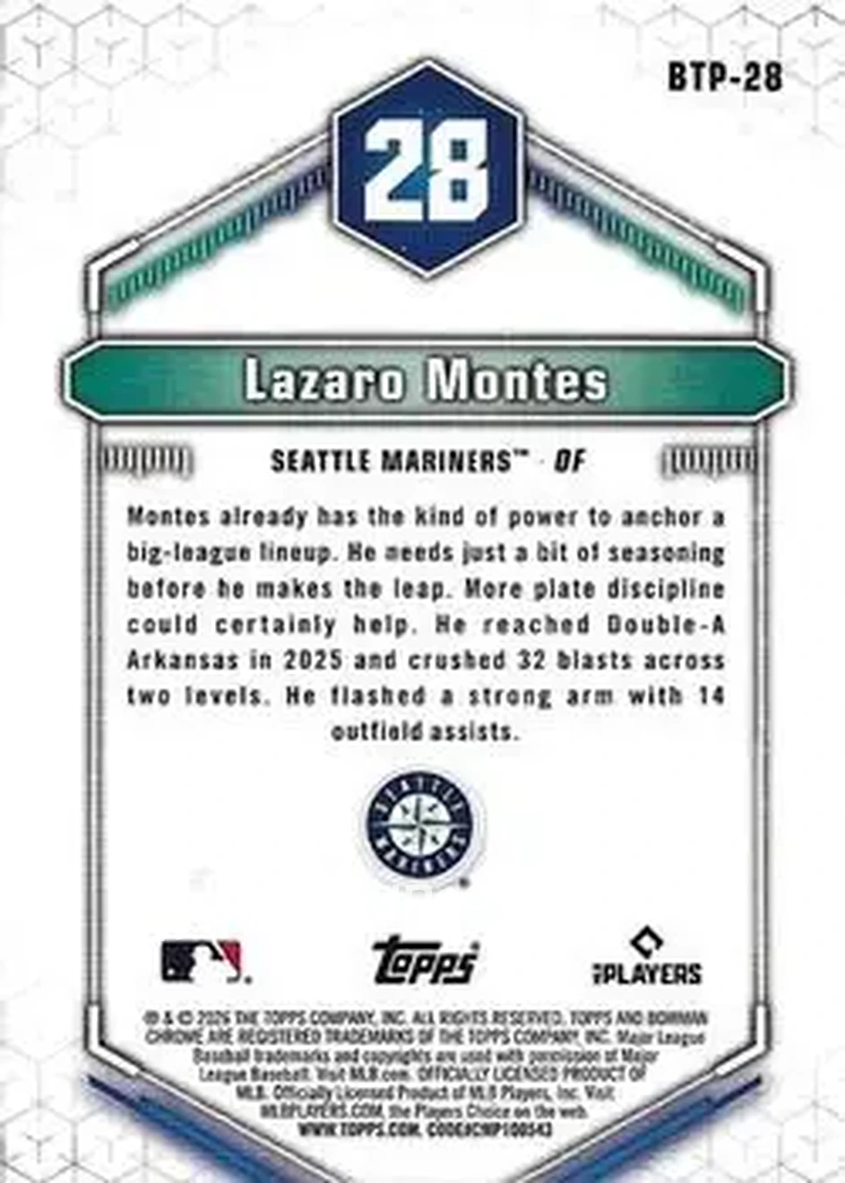 2026 Bowman - Bowman Scouts' Top 100 #BTP-28 - Lazaro Montes - Seattle Mariners - Back