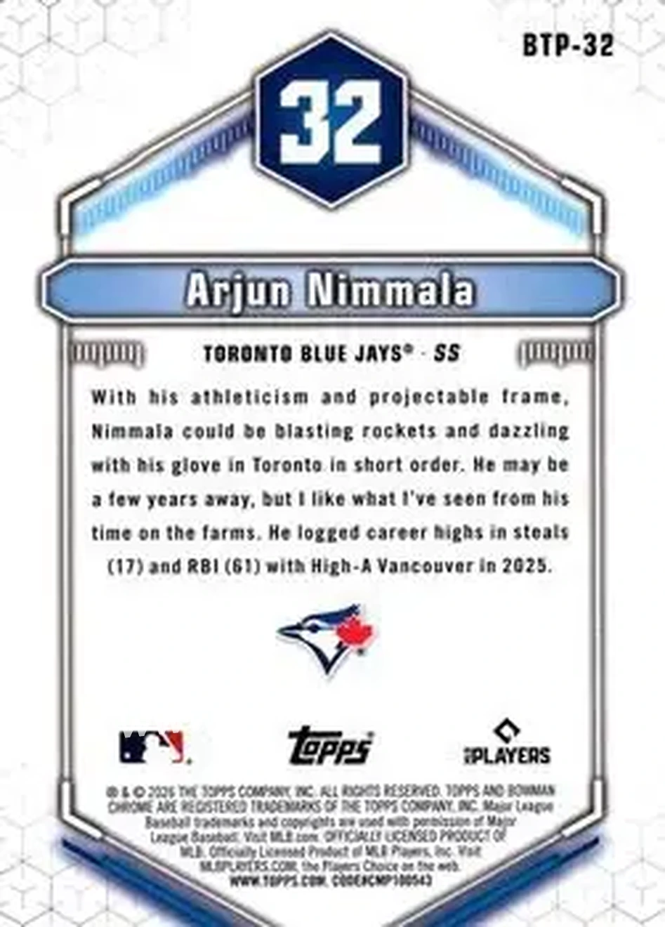 2026 Bowman - Bowman Scouts' Top 100 #BTP-32 - Arjun Nimmala - Toronto Blue Jays - Back