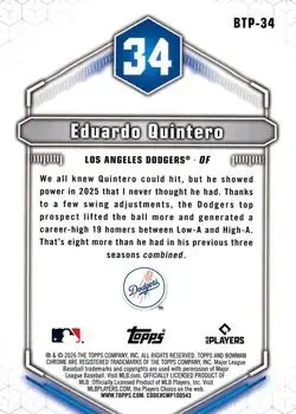 2026 Bowman - Bowman Scouts' Top 100 #BTP-34 - Eduardo Quintero - Los Angeles Dodgers - Back