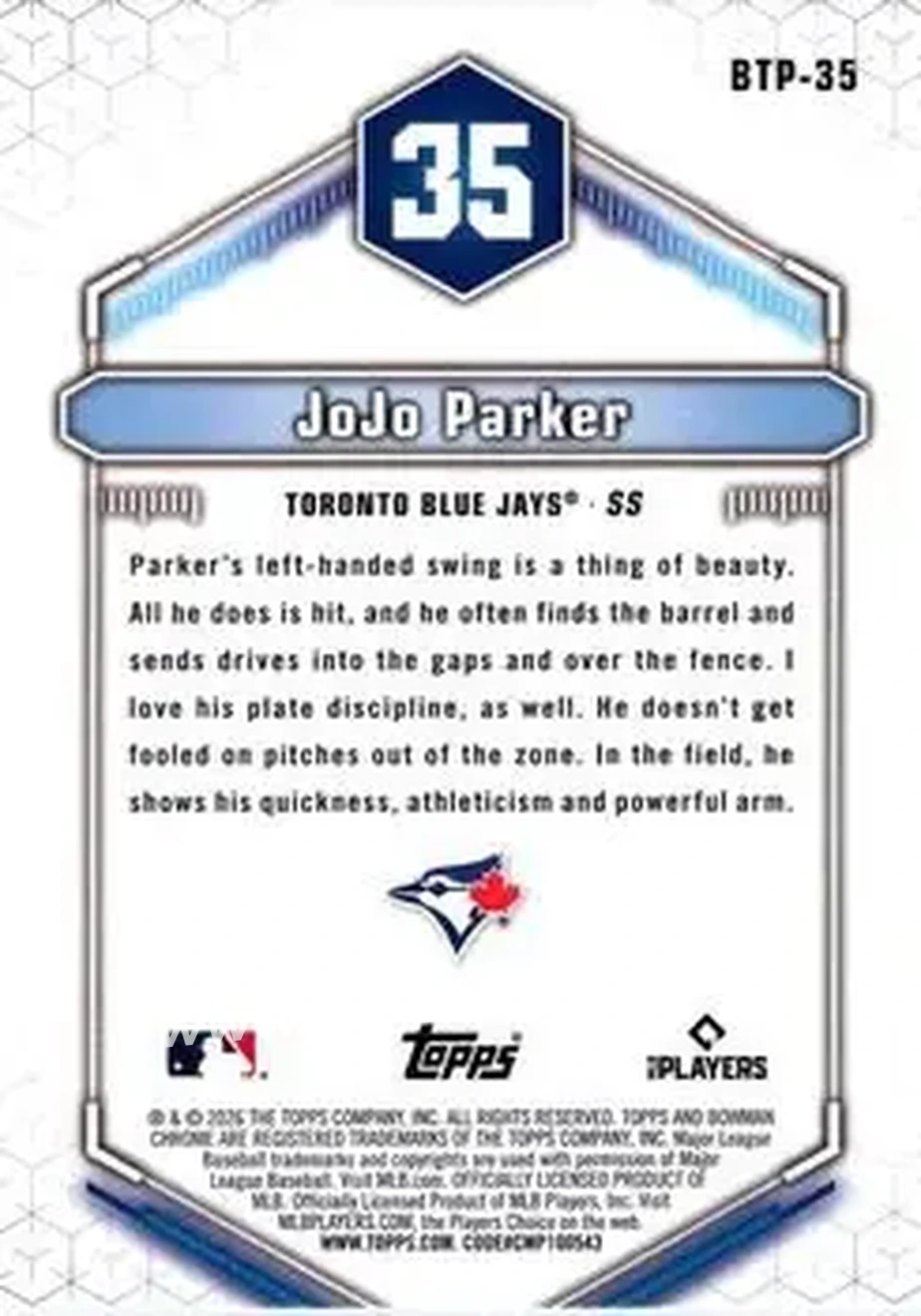 2026 Bowman - Bowman Scouts' Top 100 #BTP-35 - JoJo Parker - Toronto Blue Jays - Back