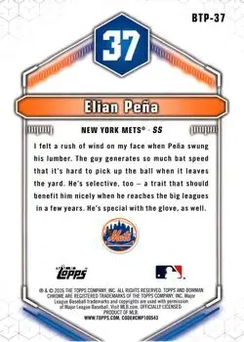 2026 Bowman - Bowman Scouts' Top 100 #BTP-37 - Elian Peña - New York Mets - Back