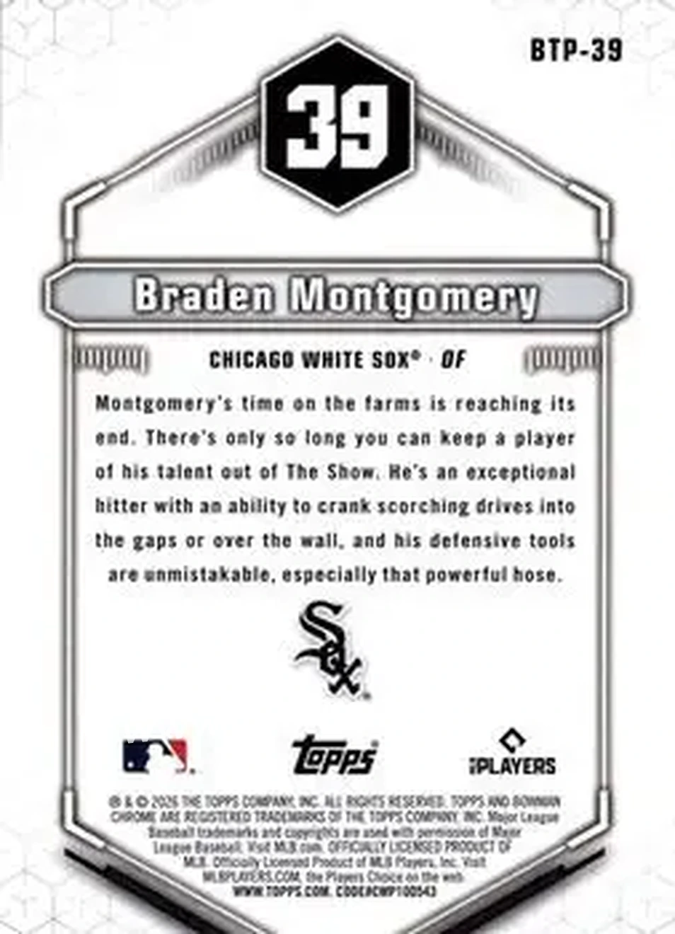 2026 Bowman - Bowman Scouts' Top 100 #BTP-39 - Braden Montgomery - Chicago White Sox - Back