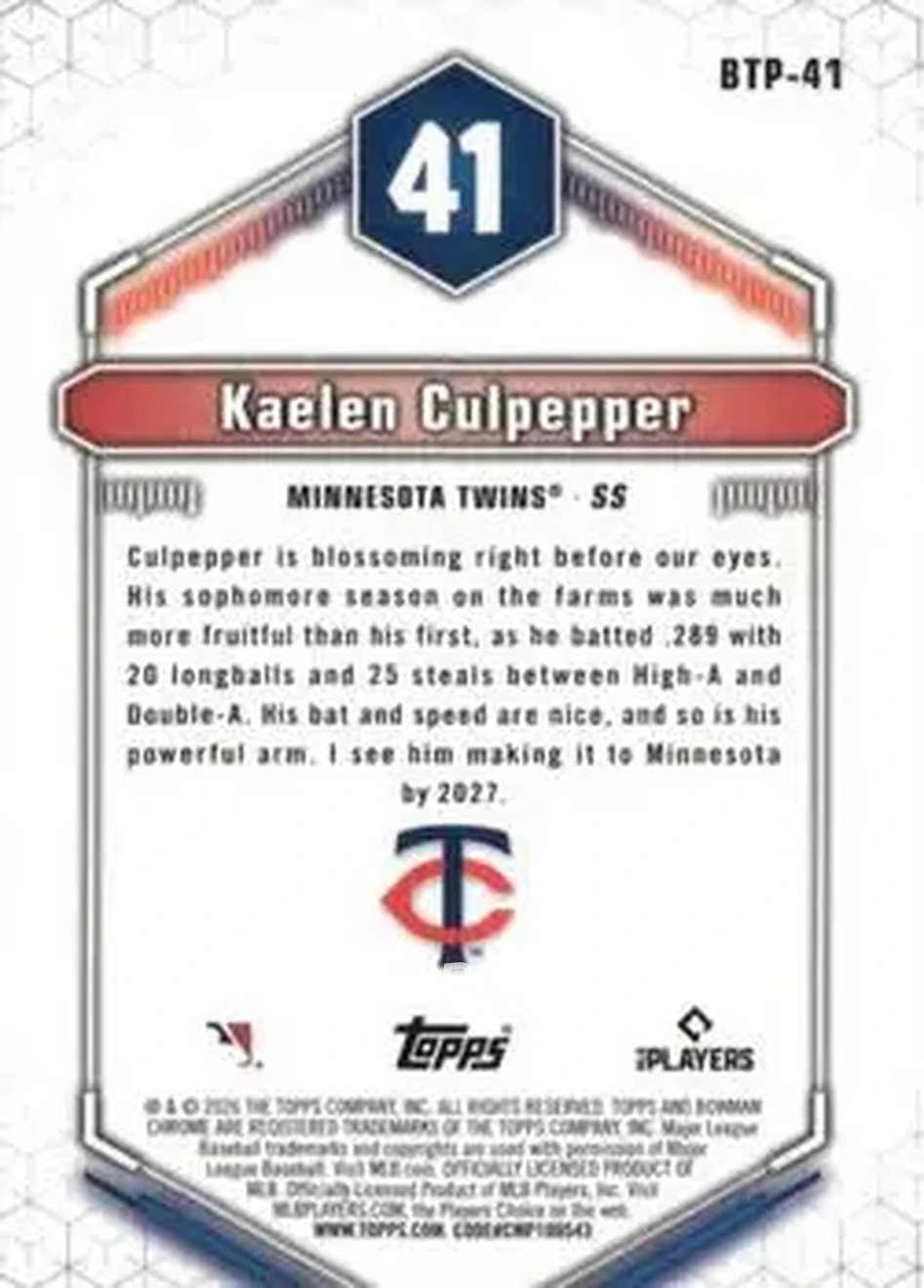 2026 Bowman - Bowman Scouts' Top 100 #BTP-41 - Kaelen Culpepper - Minnesota Twins - Back