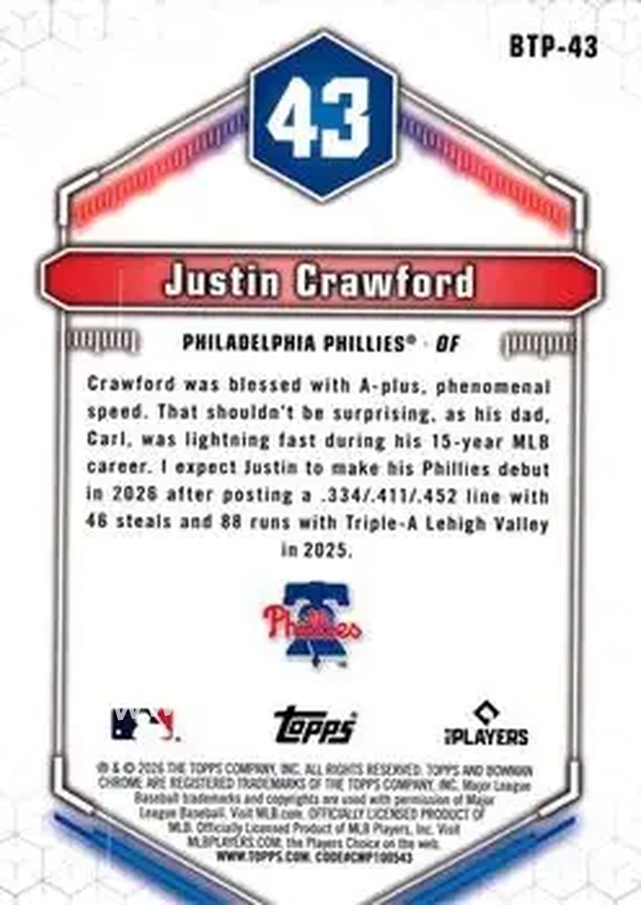 2026 Bowman - Bowman Scouts' Top 100 #BTP-43 - Justin Crawford - Philadelphia Phillies - Back