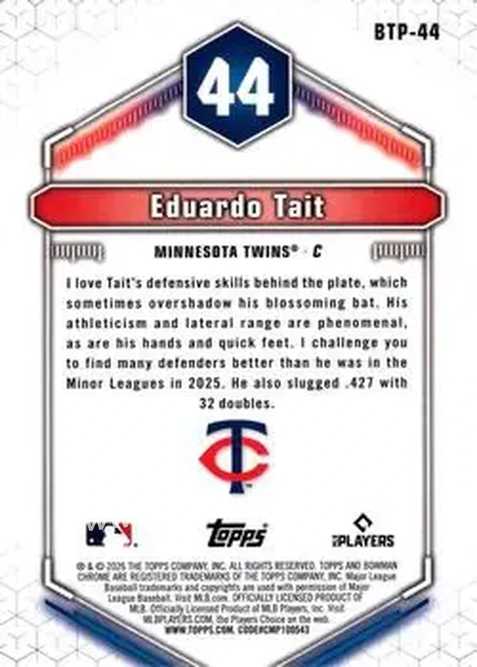 2026 Bowman - Bowman Scouts' Top 100 #BTP-44 - Eduardo Tait - Minnesota Twins - Back