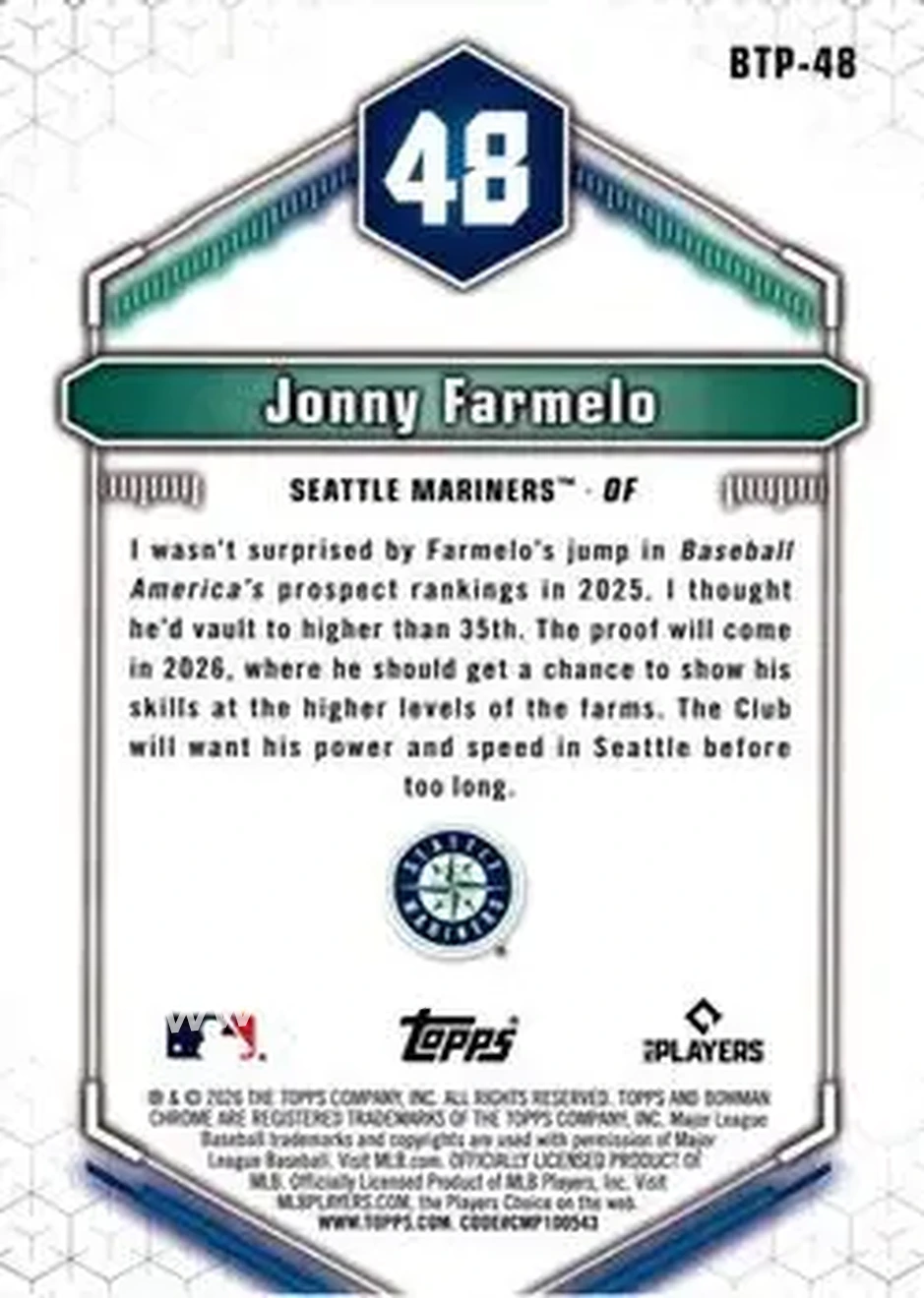 2026 Bowman - Bowman Scouts' Top 100 #BTP-48 - Jonny Farmelo - Seattle Mariners - Back