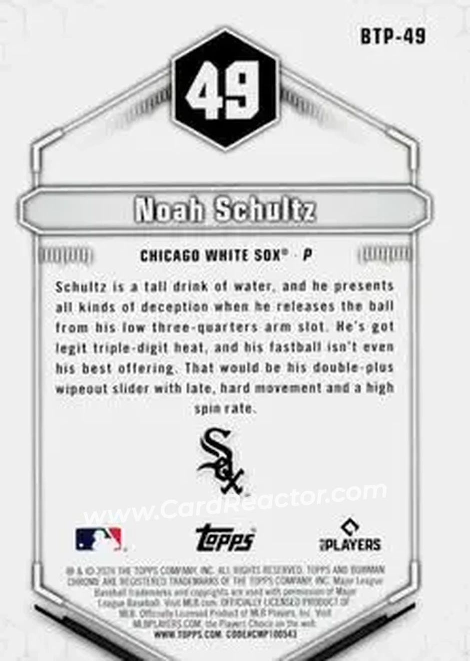 2026 Bowman - Bowman Scouts' Top 100 #BTP-49 - Noah Schultz - Chicago White Sox - Back
