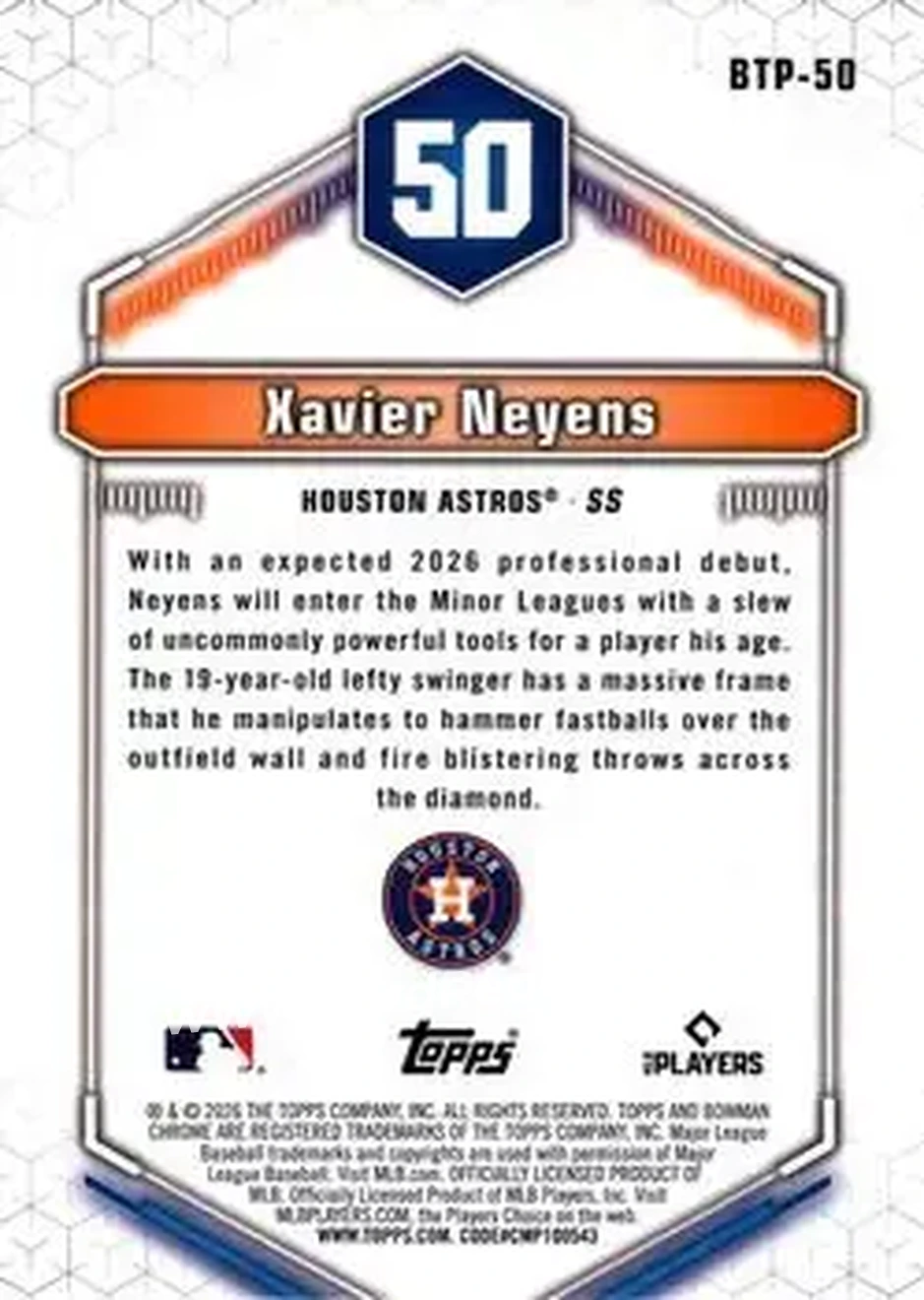 2026 Bowman - Bowman Scouts' Top 100 #BTP-50 - Xavier Neyens - Houston Astros - Back
