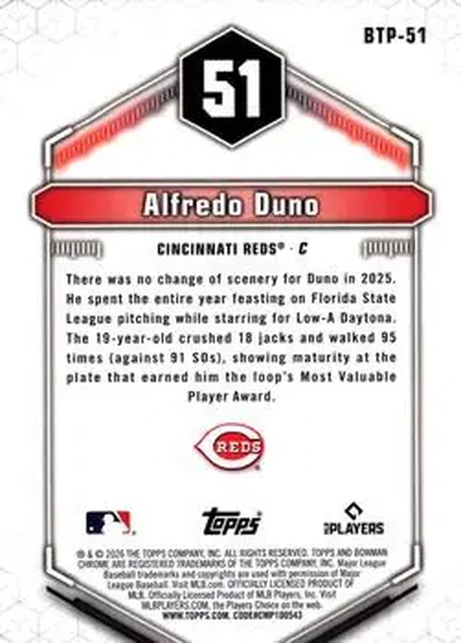 2026 Bowman - Bowman Scouts' Top 100 #BTP-51 - Alfredo Duno - Cincinnati Reds - Back