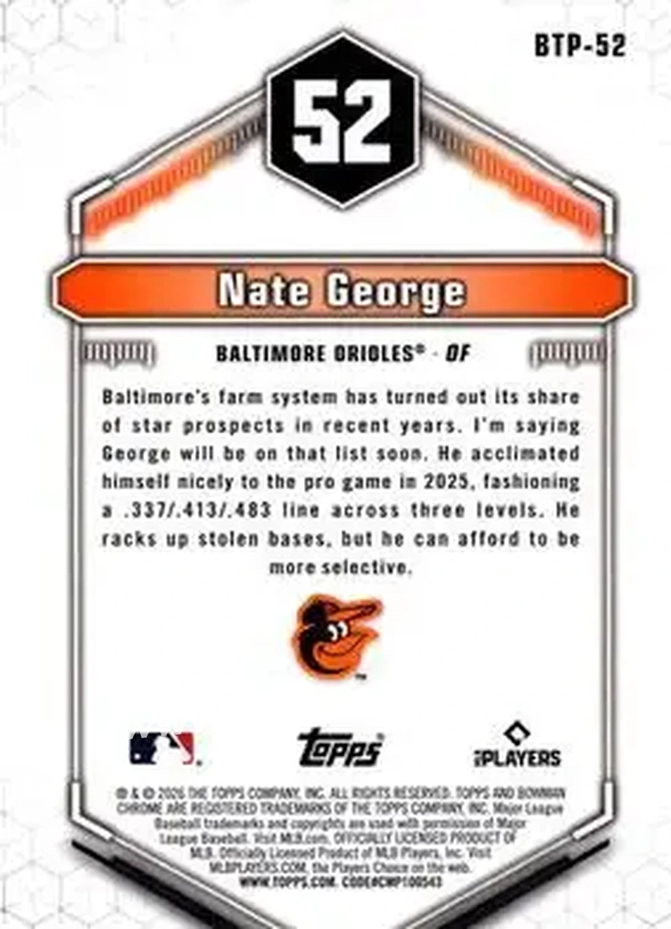 2026 Bowman - Bowman Scouts' Top 100 #BTP-52 - Nate George - Baltimore Orioles - Back