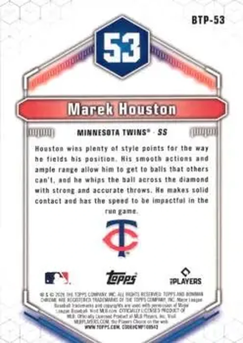 2026 Bowman - Bowman Scouts' Top 100 #BTP-53 - Marek Houston - Minnesota Twins - Back