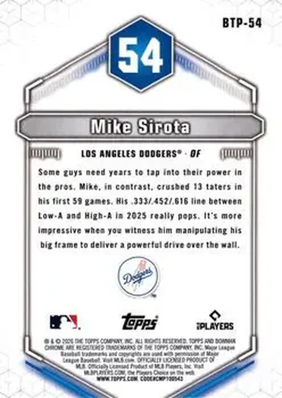 2026 Bowman - Bowman Scouts' Top 100 #BTP-54 - Mike Sirota - Los Angeles Dodgers - Back
