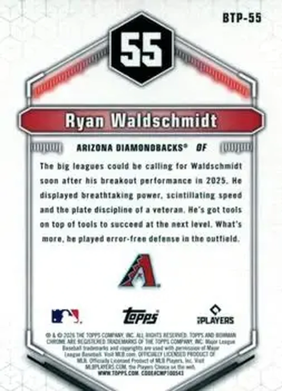 2026 Bowman - Bowman Scouts' Top 100 #BTP-55 - Ryan Waldschmidt - Arizona Diamondbacks - Back