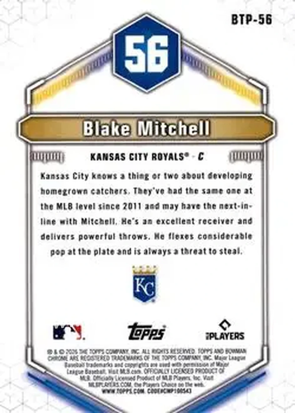 2026 Bowman - Bowman Scouts' Top 100 #BTP-56 - Blake Mitchell - Kansas City Royals - Back