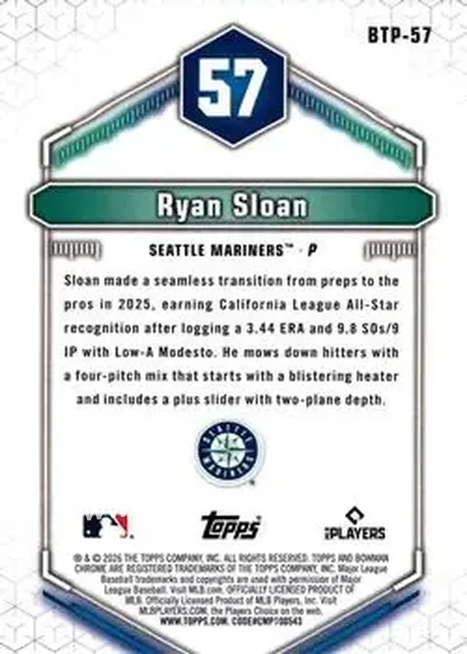2026 Bowman - Bowman Scouts' Top 100 #BTP-57 - Ryan Sloan - Seattle Mariners - Back