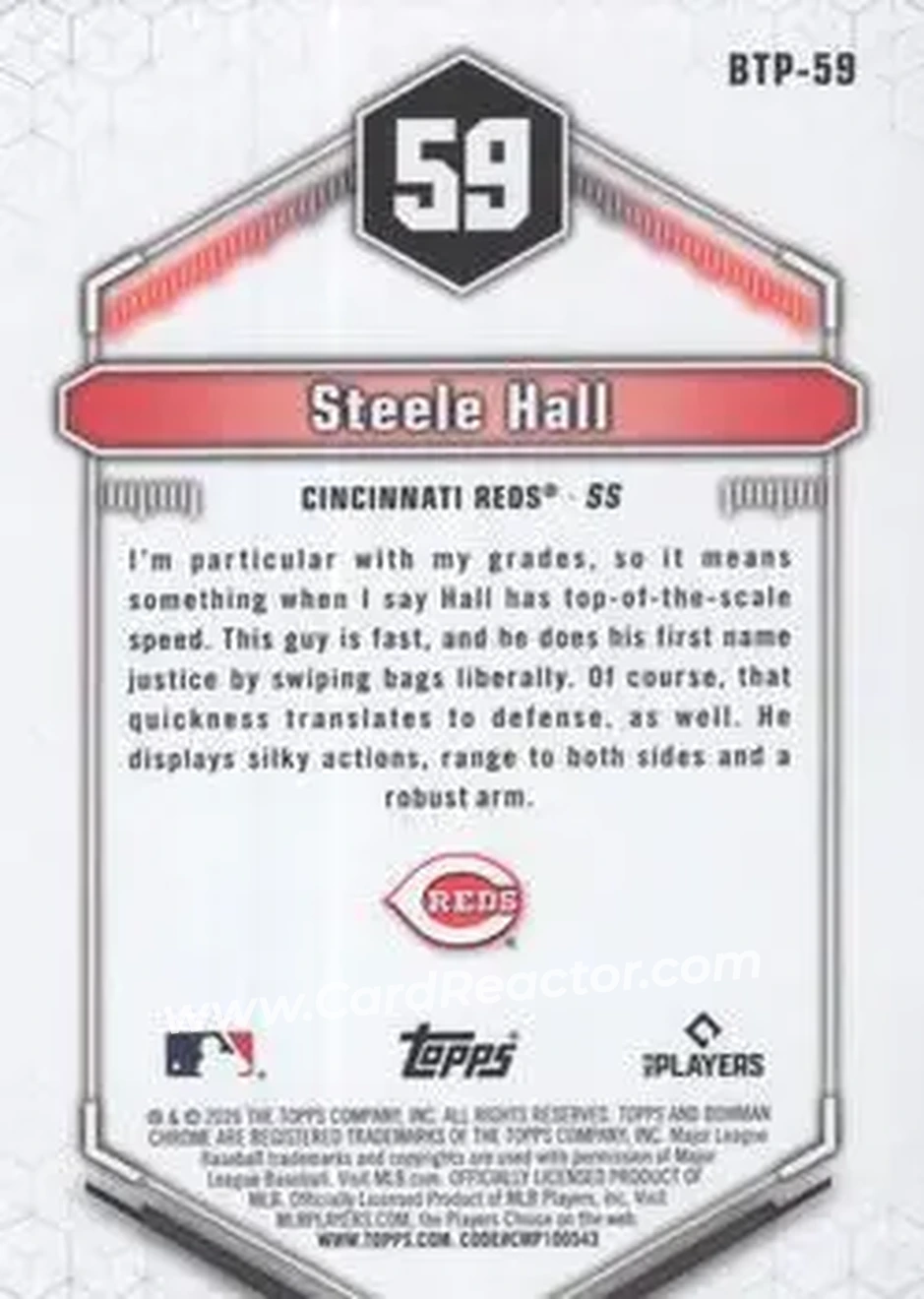 2026 Bowman - Bowman Scouts' Top 100 #BTP-59 - Steele Hall - Cincinnati Reds - Back