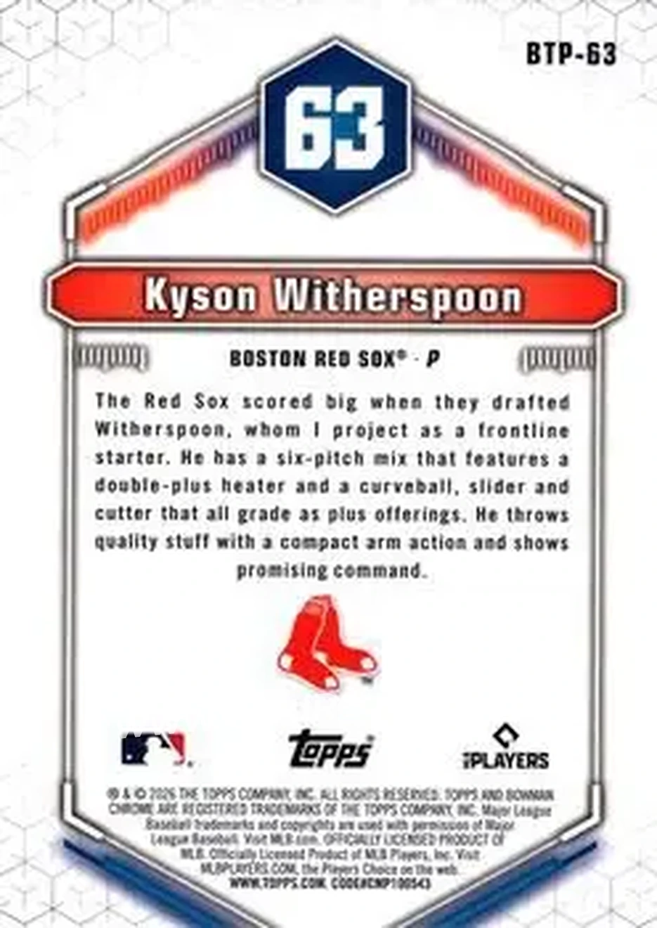 2026 Bowman - Bowman Scouts' Top 100 #BTP-63 - Kyson Witherspoon - Boston Red Sox - Back