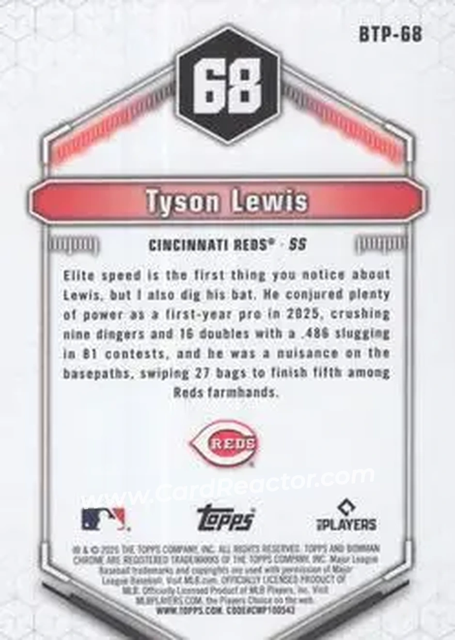 2026 Bowman - Bowman Scouts' Top 100 #BTP-68 - Tyson Lewis - Cincinnati Reds - Back