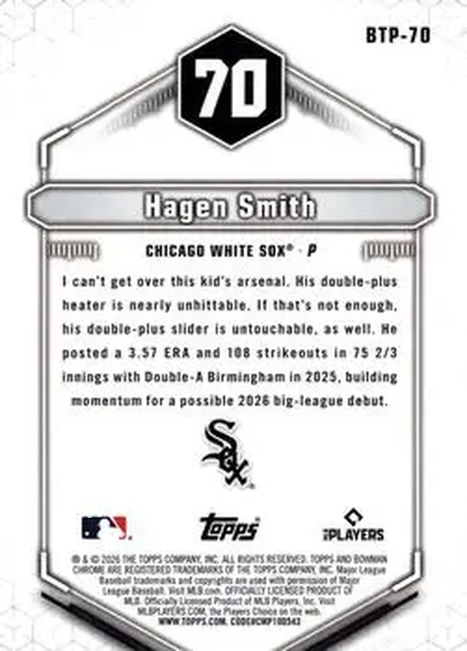 2026 Bowman - Bowman Scouts' Top 100 #BTP-70 - Hagen Smith - Chicago White Sox - Back