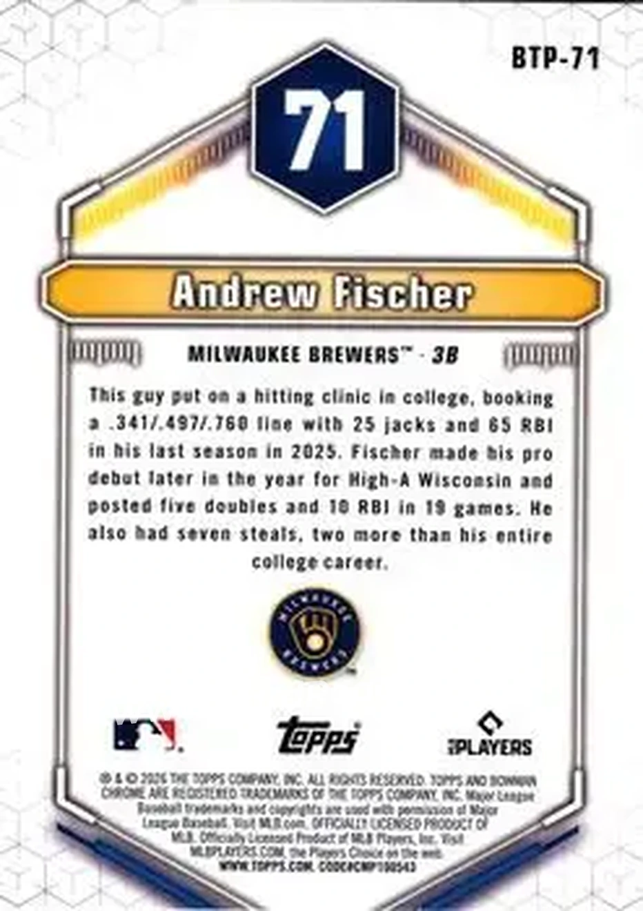 2026 Bowman - Bowman Scouts' Top 100 #BTP-71 - Andrew Fischer - Milwaukee Brewers - Back
