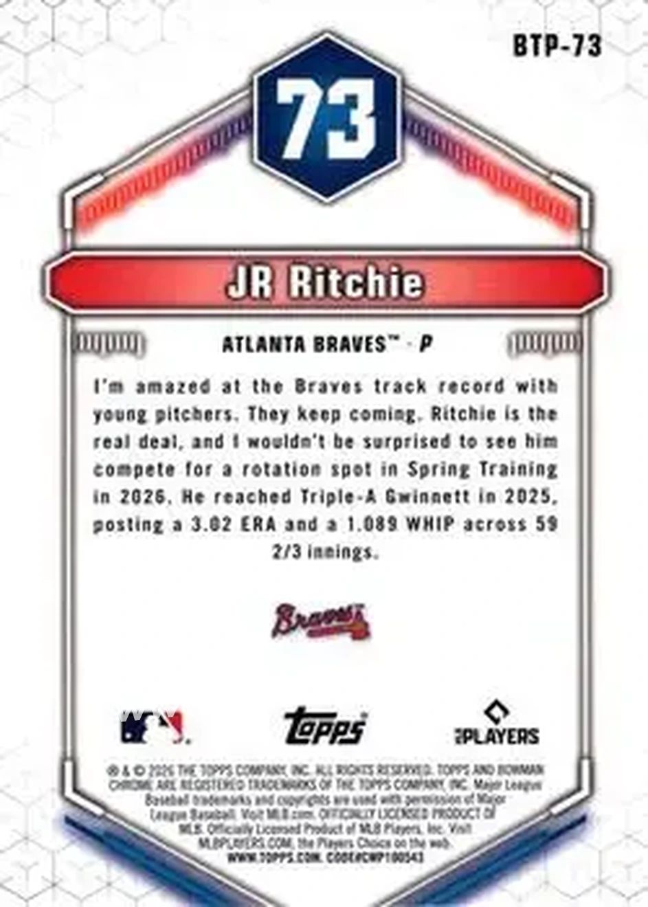 2026 Bowman - Bowman Scouts' Top 100 #BTP-73 - JR Ritchie - Atlanta Braves - Back
