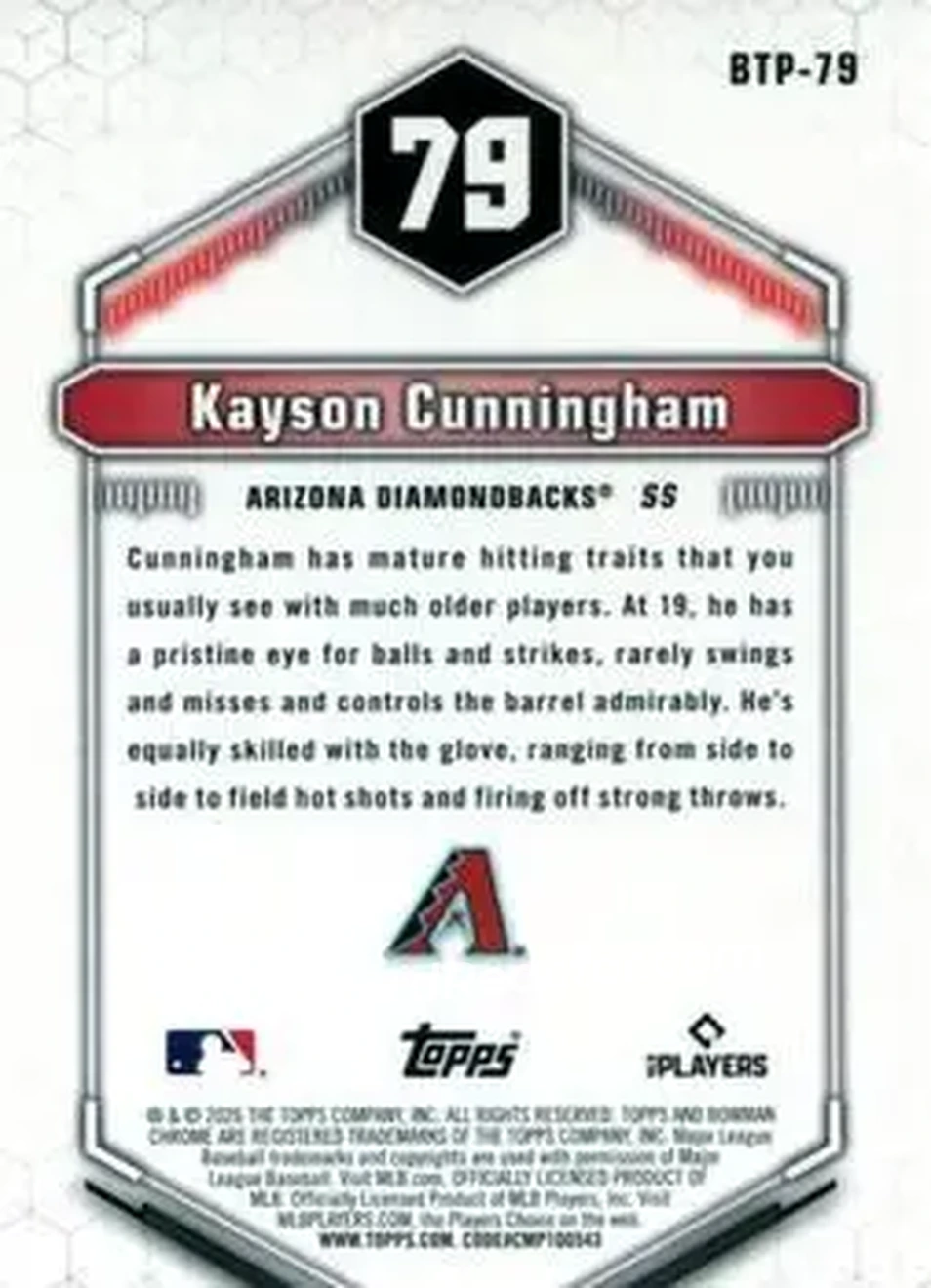 2026 Bowman - Bowman Scouts' Top 100 #BTP-79 - Kayson Cunningham - Arizona Diamondbacks - Back