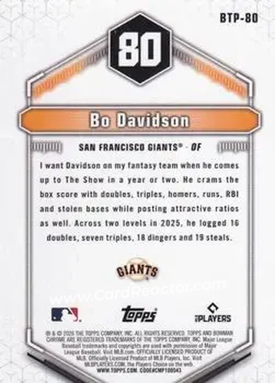 2026 Bowman - Bowman Scouts' Top 100 #BTP-80 - Bo Davidson - San Francisco Giants - Back