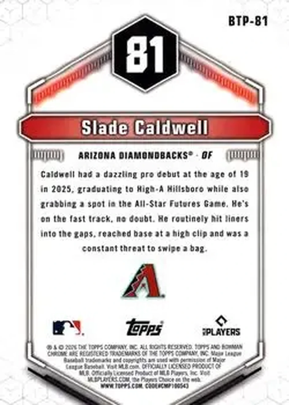 2026 Bowman - Bowman Scouts' Top 100 #BTP-81 - Slade Caldwell - Arizona Diamondbacks - Back