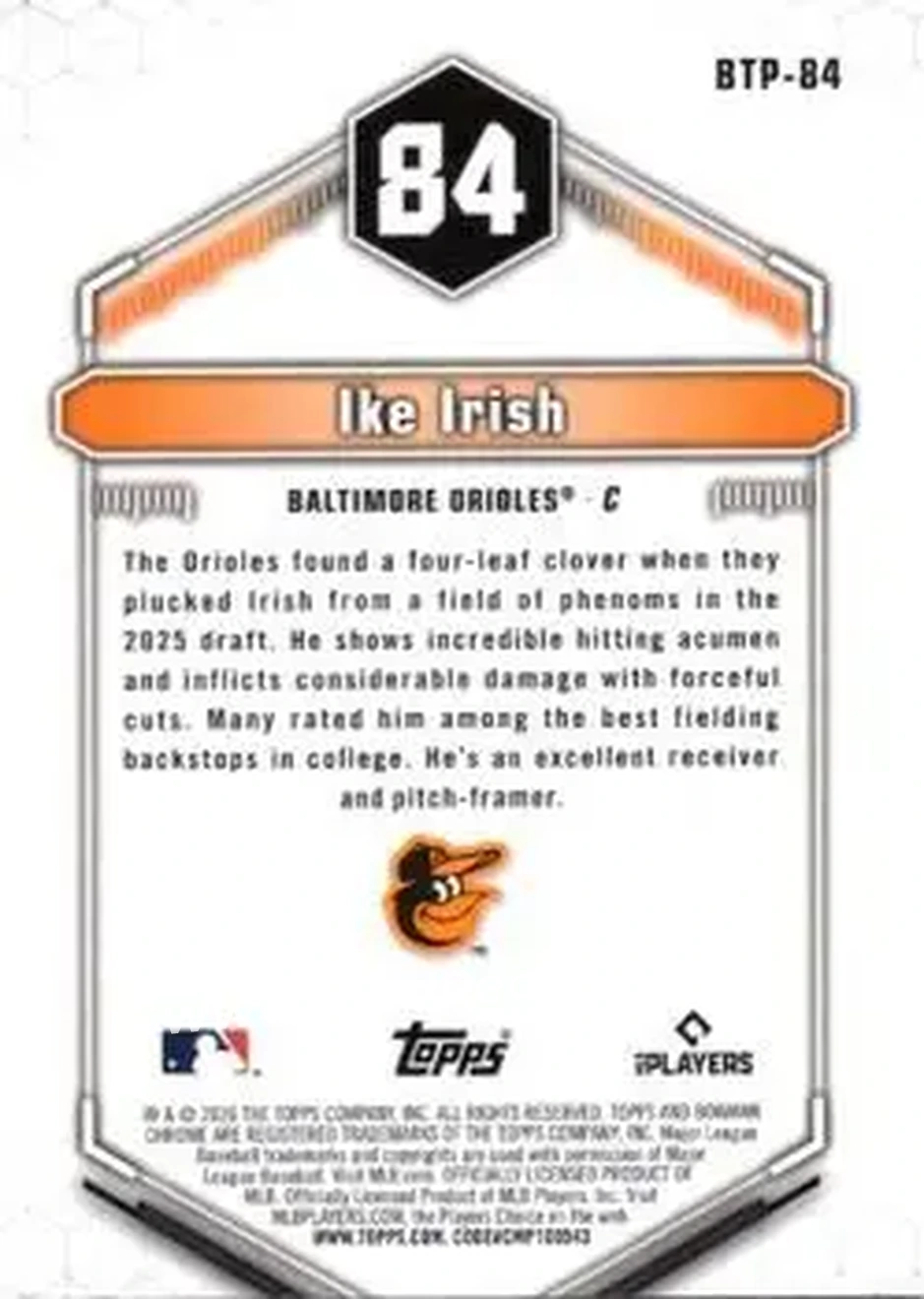2026 Bowman - Bowman Scouts' Top 100 #BTP-84 - Ike Irish - Baltimore Orioles - Back