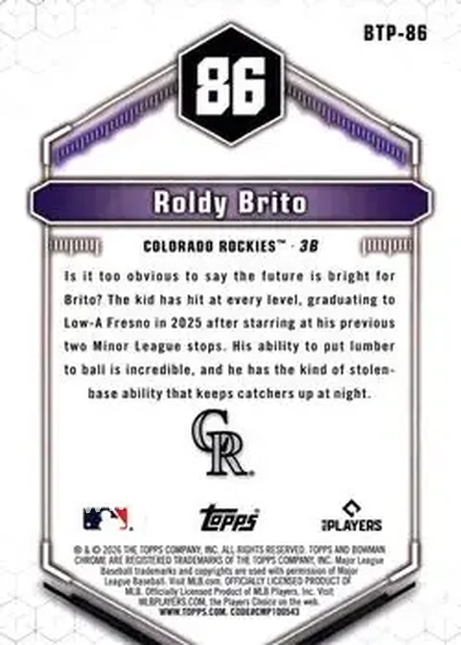 2026 Bowman - Bowman Scouts' Top 100 #BTP-86 - Roldy Brito - Colorado Rockies - Back