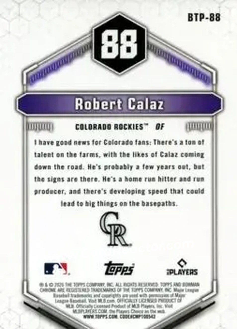 2026 Bowman - Bowman Scouts' Top 100 #BTP-88 - Robert Calaz - Colorado Rockies - Back
