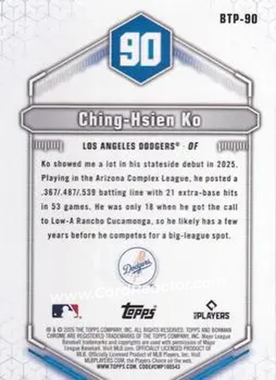 2026 Bowman - Bowman Scouts' Top 100 #BTP-90 - Ching-Hsien Ko - Los Angeles Dodgers - Back